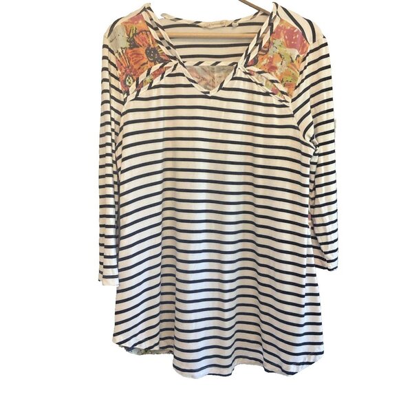 Soft Surroundings Floral Surprise Striped Tunic Top Size L Shirt Tropical Beach - Picture 1 of 7